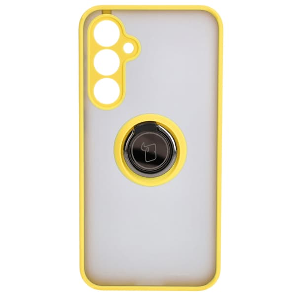 Bizon Case Hybrid Ring Fingerring Cover til Galaxy S23 FE, Røgfarvet med Gul Ramme