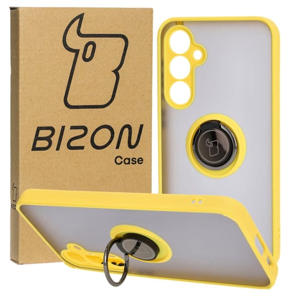 Bizon Case Hybrid Ring Fingerring Cover til Galaxy S23 FE, Røgfarvet med Gul Ramme