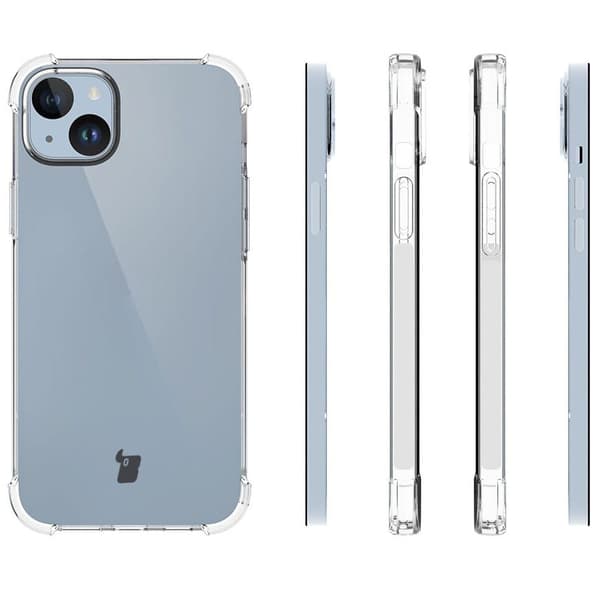 Bizon-kotelo + 2 lasia + linssi, kirkas pakkaus iPhone 15 Plussalle, läpinäkyvä