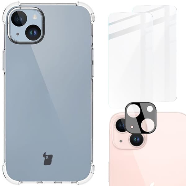 Bizon-kotelo + 2 lasia + linssi, kirkas pakkaus iPhone 15 Plussalle, läpinäkyvä