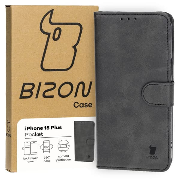 Bizon-etui med lomme til iPhone 15 Plus, sort