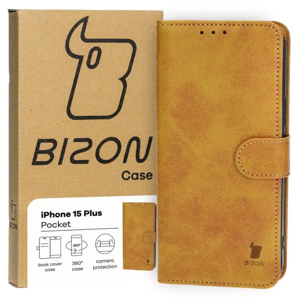 Bizon-etui med lomme til iPhone 15 Plus, brun