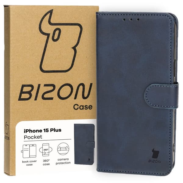 Bizon-kotelo taskulla iPhone 15 Plussalle, tummansininen