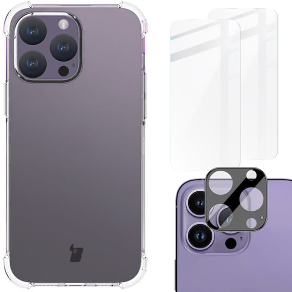 Bizon-kotelo + 2 lasia + linssi, läpinäkyvä iPhone 15 Pro Maxille