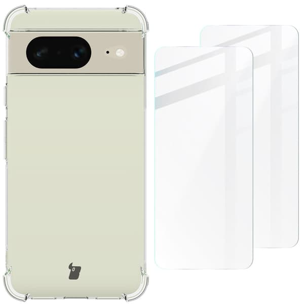 Suojakuori + 2x Bizon-kotelo, kirkas lasi, Google Pixel 8:lle, läpinäkyvä