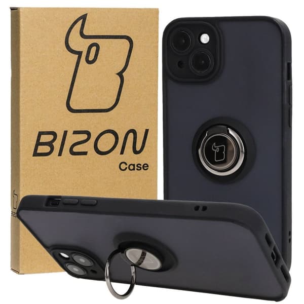 Bizon Case Hybrid Ring Fingerring Cover til iPhone 15 Plus, Røgfarvet med Sort Ramme