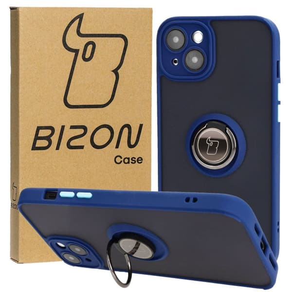 Bizon Case Hybrid -sormuskotelo iPhone 15 Plussalle, savunpunainen ja tummansininen kehys