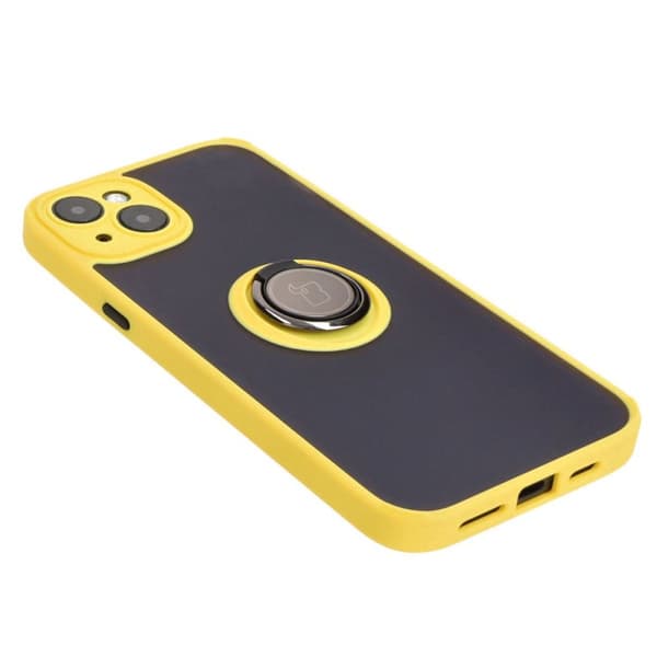 Bizon Case Hybrid Ring Fingerringfodral till iPhone 15 Plus, Rökfärgad med Gul Ram