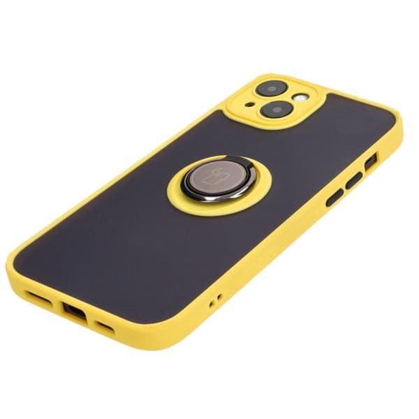 Bizon Case Hybrid Ring Fingerringfodral till iPhone 15 Plus, Rökfärgad med Gul Ram