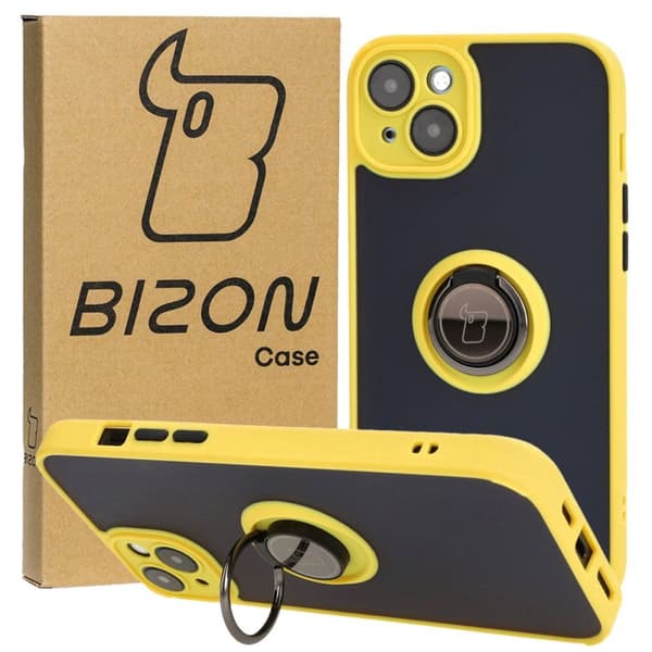 Bizon Case Hybrid -sormuskotelo iPhone 15 Plussalle, savunpunainen ja keltainen kehys