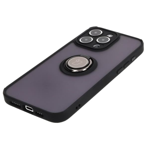 Bizon Case Hybrid Ring Fingerring Cover til iPhone 15 Pro Max, Røgfarvet med Sort Ramme