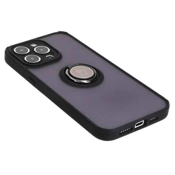 Bizon Case Hybrid Ring Fingerring Cover til iPhone 15 Pro Max, Røgfarvet med Sort Ramme