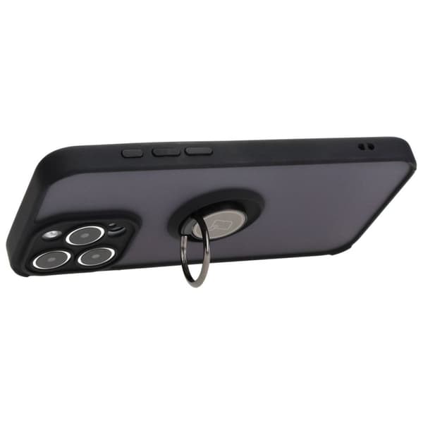 Bizon Case Hybrid Ring Fingerring Cover til iPhone 15 Pro Max, Røgfarvet med Sort Ramme
