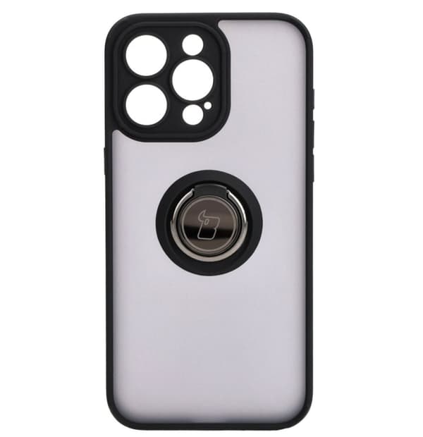 Bizon Case Hybrid Ring Fingerring Cover til iPhone 15 Pro Max, Røgfarvet med Sort Ramme