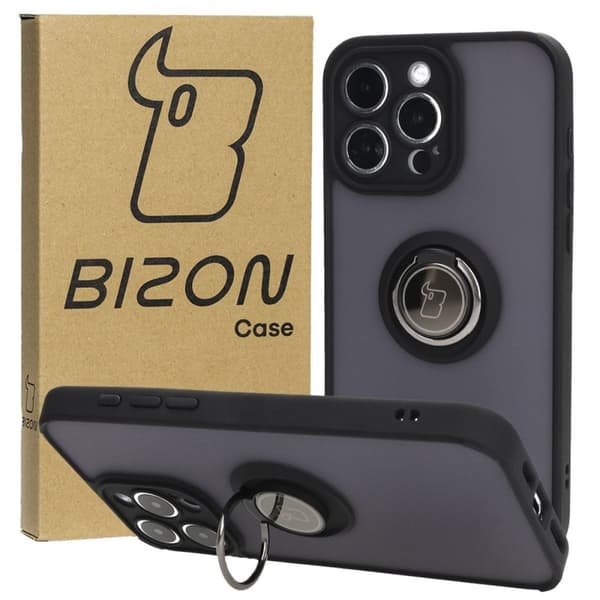 Bizon Case Hybrid Ring Fingerring Cover til iPhone 15 Pro Max, Røgfarvet med Sort Ramme