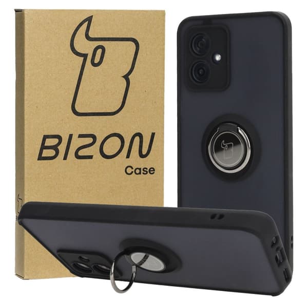 Bizon Case Hybrid Ring Fingerringfodral till Motorola Moto G54 5G/G54 Power, Rökfärgad med Svart Ram