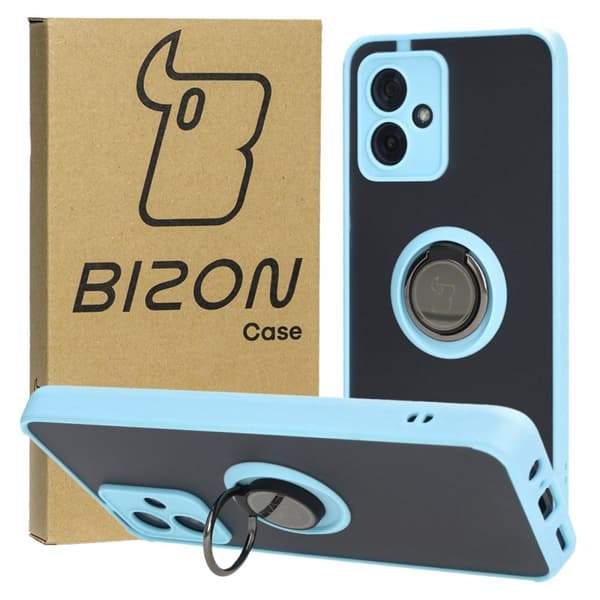 Bizon Case Hybrid Ring Fingerringfodral till Motorola Moto G54 5G/G54 Power, Rökfärgad med Ljusblå Ram