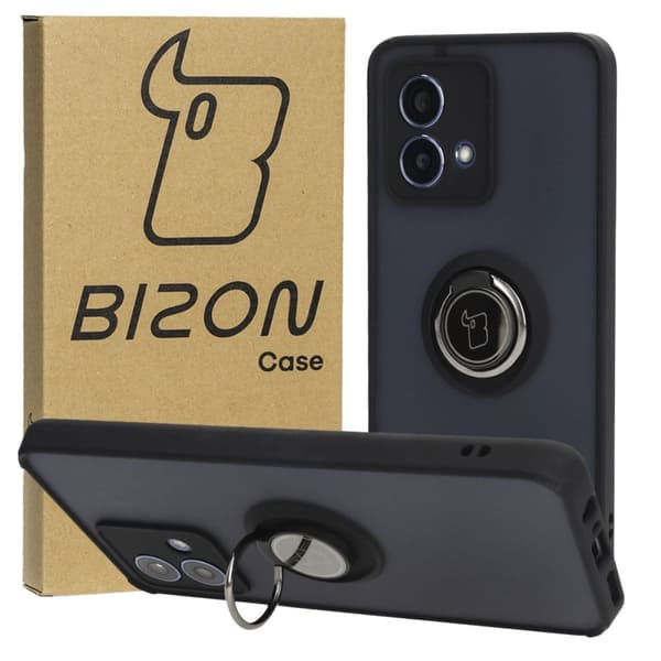 Bizon Case Hybrid Ring Fingerringfodral för Motorola Moto G84 5G, Rökfärgad med Svart Ram