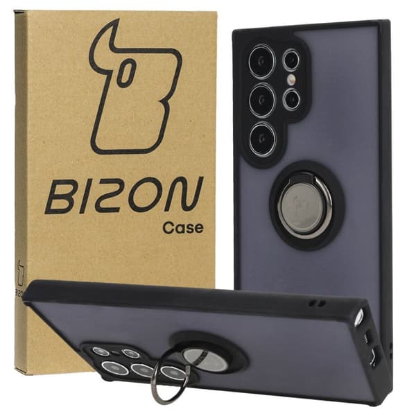 Bizon Case Hybrid Ring Fingerring Cover til Galaxy S24 Ultra, Røgfarvet med Sort Ramme