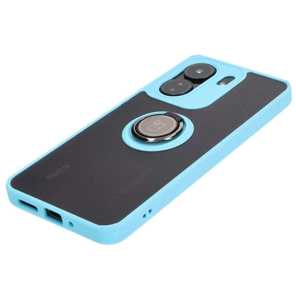 Bizon Case Hybrid Ring Fingerring Cover til Xiaomi Redmi 13C / Xiaomi Poco C65, Røgfarvet med Lyseblå Ramme