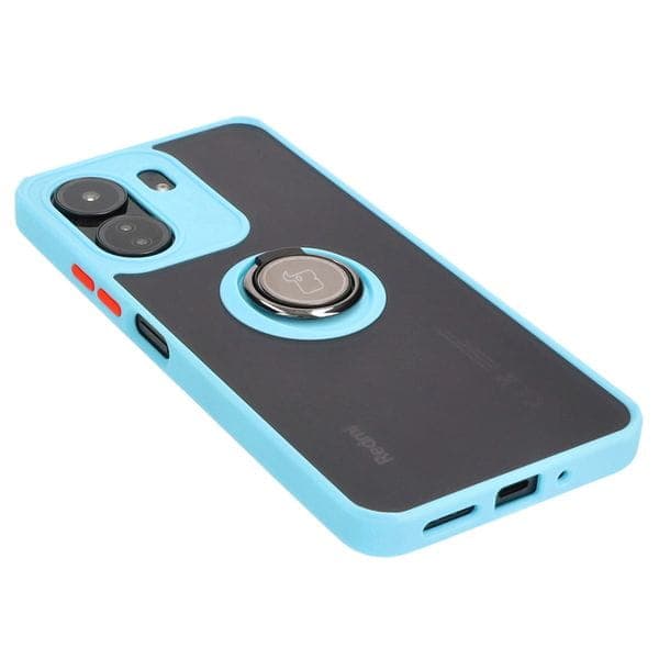 Bizon Case Hybrid Ring Fingerring Cover til Xiaomi Redmi 13C / Xiaomi Poco C65, Røgfarvet med Lyseblå Ramme