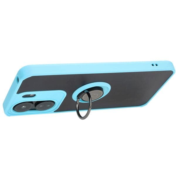 Bizon Case Hybrid Ring Fingerring Cover til Xiaomi Redmi 13C / Xiaomi Poco C65, Røgfarvet med Lyseblå Ramme
