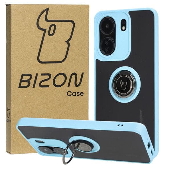 Bizon Case Hybrid Ring Fingerring Cover til Xiaomi Redmi 13C / Xiaomi Poco C65, Røgfarvet med Lyseblå Ramme