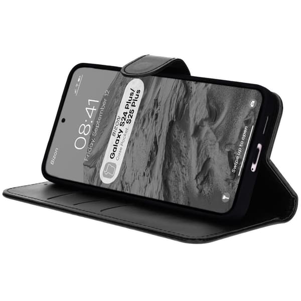Bizon Case Pocket Flip Cover til Galaxy S25 Plus / S24 Plus, Sort