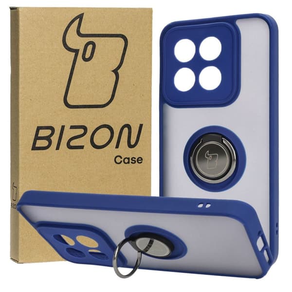 Bizon Case Hybrid Ring Fingerring Cover til Xiaomi 14, Røgfarvet med Marineblå Ramme
