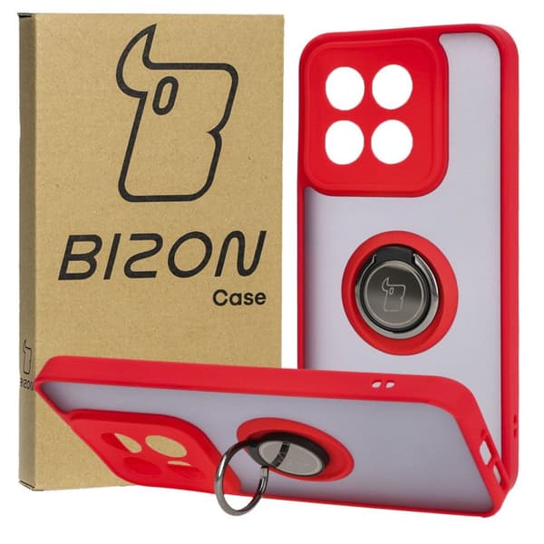 Bizon Case Hybrid Ring Fingerringfodral för Xiaomi 14, Rökfärgad med Röd Ram