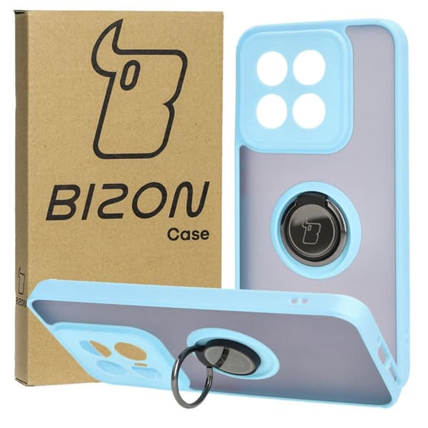 Bizon Case Hybrid Ring Fingerring Cover til Xiaomi 14, Røgfarvet med Lyseblå Ramme