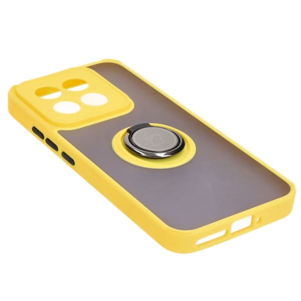 Bizon Case Hybrid Ring Fingerringfodral för Xiaomi 14, Rökfärgad med Gul Ram