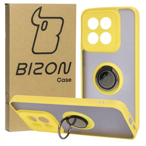 Bizon Case Hybrid Ring Fingerringfodral för Xiaomi 14, Rökfärgad med Gul Ram