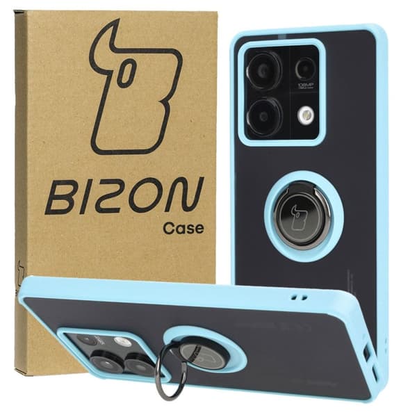 Bizon Case Hybrid Ring Fingerringfodral för Xiaomi Redmi Note 13 5G, Rökfärgad med Ljusblå Ram