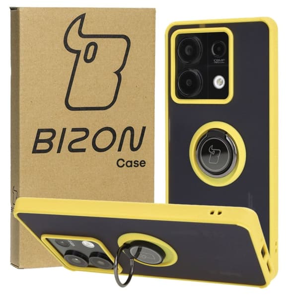 Bizon Case Hybrid Ring Fingerring Cover til Xiaomi Redmi Note 13 5G, Røgfarvet med Gul Ramme