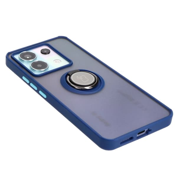 Bizon Case Hybrid Ring Fingerring Cover til Xiaomi Poco X6 / Xiaomi Redmi Note 13 Pro 5G, Røgfarvet med Marineblå Ramme