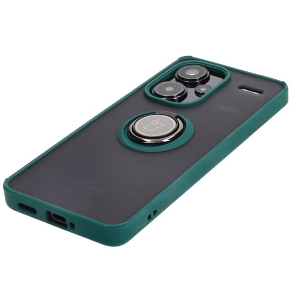 Bizon Case Hybrid Ring Fingerring Cover til Xiaomi Redmi Note 13 Pro+ 5G, Røgfarvet med Mørkegrøn Ramme