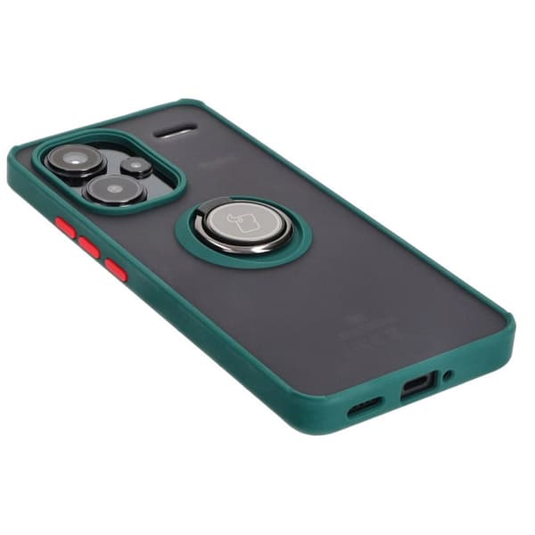 Bizon Case Hybrid Ring Fingerring Cover til Xiaomi Redmi Note 13 Pro+ 5G, Røgfarvet med Mørkegrøn Ramme
