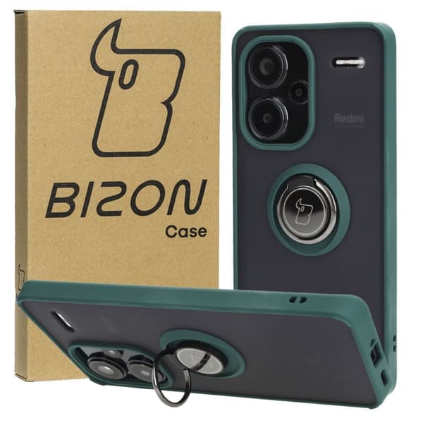 Bizon Case Hybrid Ring Fingerring Cover til Xiaomi Redmi Note 13 Pro+ 5G, Røgfarvet med Mørkegrøn Ramme