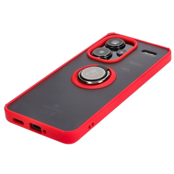 Bizon Case Hybrid Ring Fingerring Cover til Xiaomi Redmi Note 13 Pro+ 5G, Røgfarvet med Rød Ramme