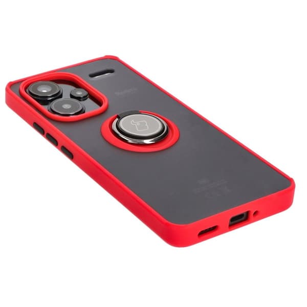 Bizon Case Hybrid Ring Fingerring Cover til Xiaomi Redmi Note 13 Pro+ 5G, Røgfarvet med Rød Ramme