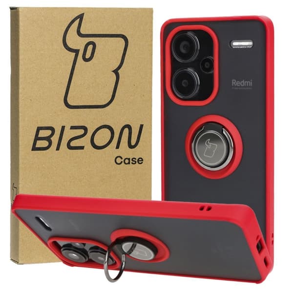 Bizon Case Hybrid Ring Fingerring Cover til Xiaomi Redmi Note 13 Pro+ 5G, Røgfarvet med Rød Ramme