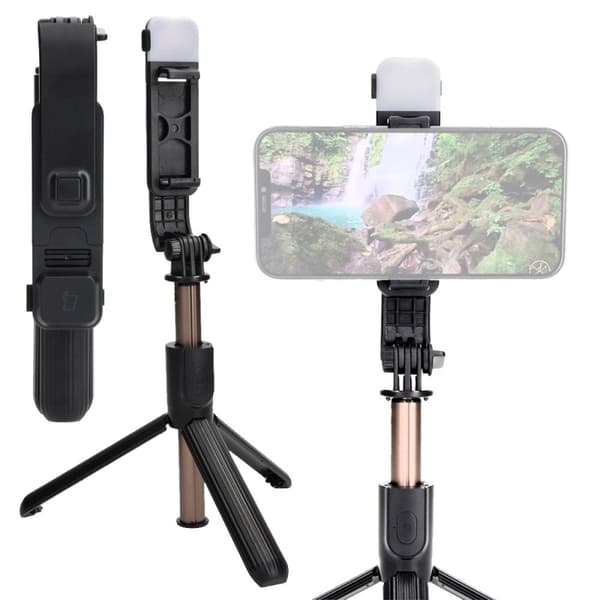 Selfiestang/stativ med lampe og fjernbetjening Bizon tilbehør Selfielampe, sort