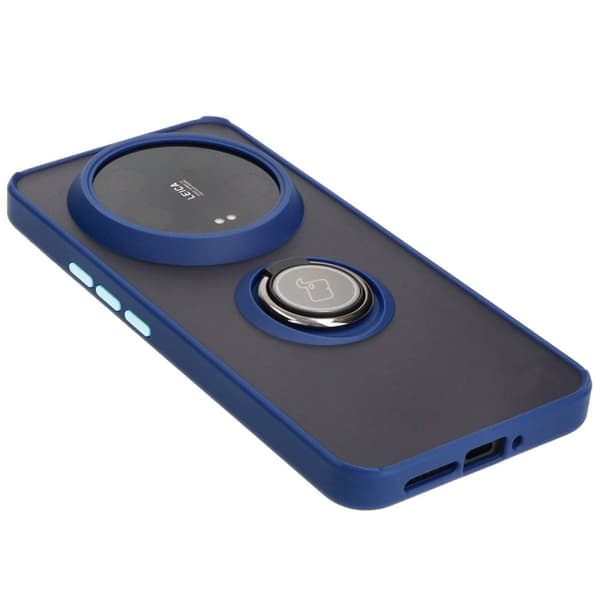 Bizon Case Hybrid Ring Fingerring Cover til Xiaomi 14 Ultra, Røgfarvet med Marineblå Ramme