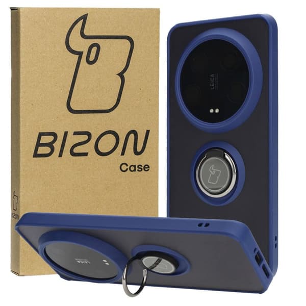 Bizon Case Hybrid Ring Fingerring Cover til Xiaomi 14 Ultra, Røgfarvet med Marineblå Ramme