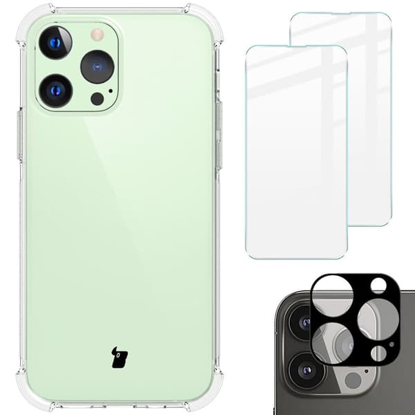 Bizon-kotelo + 2 lasia + linssi, läpinäkyvä iPhone 13 Prolle