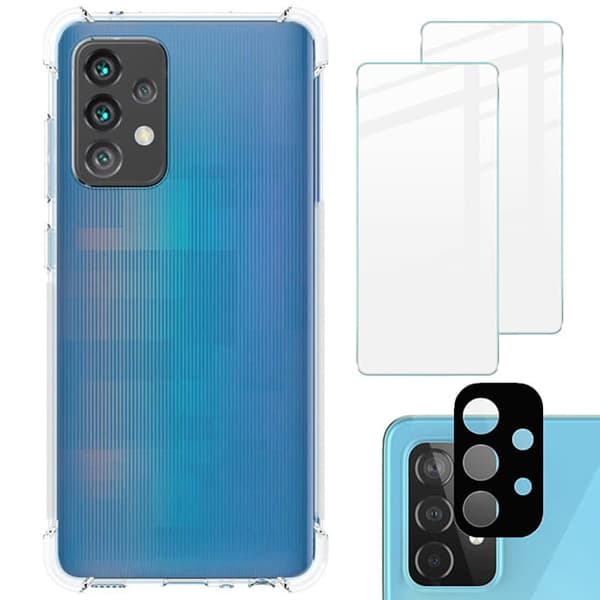 Skal + 2x glas + lins Bizon-skal Clear Pack för Galaxy A52s 5G, A52 5G/4G, transparent