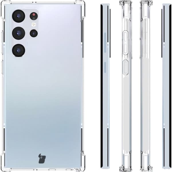 Etui + 2x film + linse Bizon-etui klar pakke til Galaxy S22 Ultra, gennemsigtig