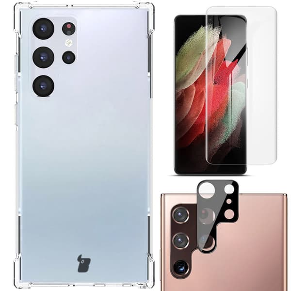 Etui + 2x film + linse Bizon-etui klar pakke til Galaxy S22 Ultra, gennemsigtig