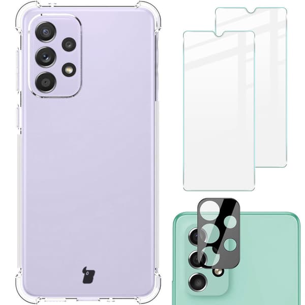 Etui + 2x glas + linse Bizon etui klar pakke til Galaxy A33 5G, gennemsigtig